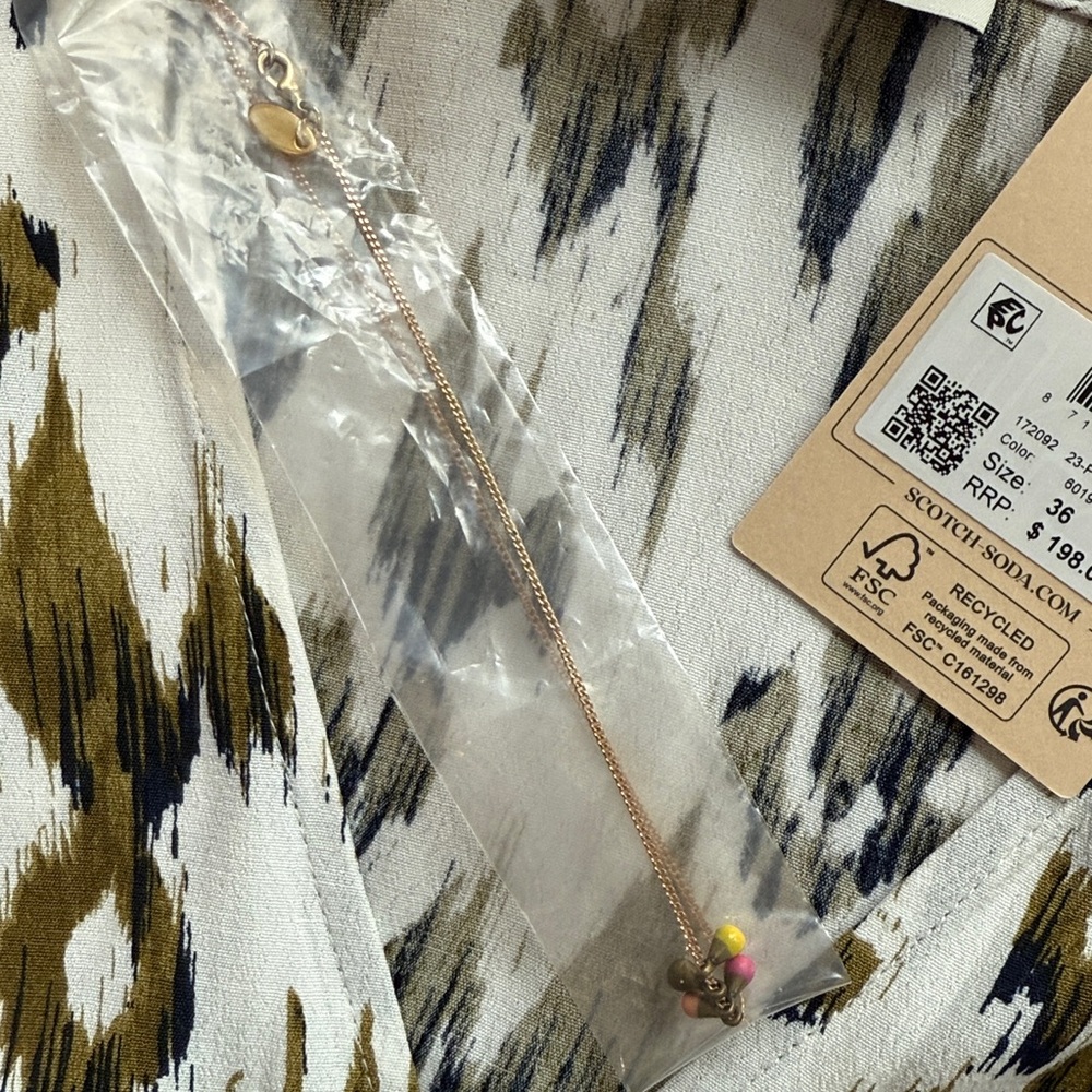 NWT Scotch & Soda White Green Brown Long Sleeve V Neck Dress S - Picture 7 of 9